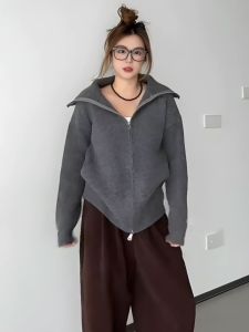 เสื้อคาร์ดิแกนถักคอสูงแบบเปิดสองซิปไซส์ใหญ่สำหรับผู้หญิงในฤดูใบไม้ร่วงและฤดูหนาว เสื้อคลุมกันหนาวทรงหลวมๆ สไตล์ลำลอง