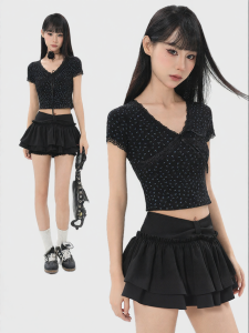 ARCG | Floral V-Neck Off-Shoulder Short Sleeve Sweet Spicy T-Shirt Crop Top