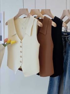 Flash Sale Hàn Quốc thời trang đơn ngực Đan vest của phụ nữ rắn màu ve áo không tay mỏng Tank Top