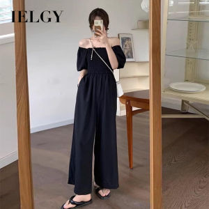 IELGY Large Size Korean Style Loose Casual Jumpsuit Womens Elegant Summer Tight Waist Slimming Black Wide-leg Pants