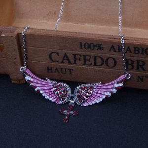 Fashion Blue White Pink Charm Crystal Angel Wings Cross Pendant Necklace Shellhard Vintage Jewelry For Women Bridal Wedding Gift