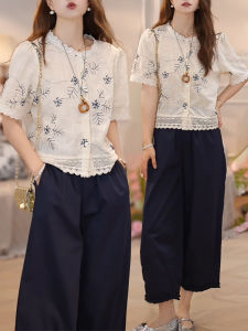 Shalldoer | ชุดเสื้อเชิ้ตแขนสั้นคอตั้งปักลายสไตล์เกาหลี กระโปรงทรงหลวม ชุดสองชิ้น แฟชั่นฤดูร้อน 2025 สำหรับผู้หญิง