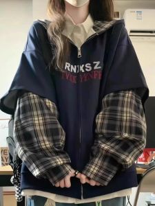 เสื้อสเวตเตอร์มีฮู้ดลายสก็อตแบบแยกชิ้นสองชิ้นสำหรับผู้หญิงในฤดูใบไม้ผลิและฤดูใบไม้ร่วง เสื้อคลุมกันหนาวแบบบาง หลวมๆ ลำลอง สำหรับคู่รัก