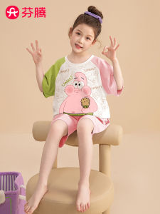 FenTeng Girls Summer Sleepwear Short Sleeve Thin Cotton Home Clothes Set Breathable Comfortable Cartoon Style Kids Home Suit