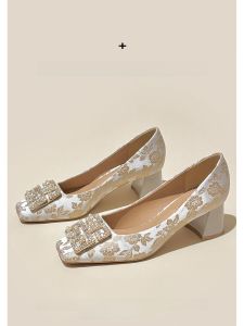Pearl Embellished Chunky Heel mid Heel Square Toe Womens Slip-On Shoes Fashionable Commute Style Ultrafine Fiber Lined Silk Surface