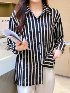 Tianshun Polo Collar Korean Chiffon Stripe Top OL Casual Long sleeved Shirt Quality Womens Fashion Shirt Black Beige