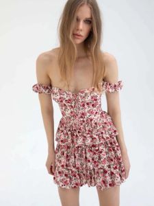 Romantic Pure Desire Rose Floral Print Cake Skirt Slimming Sweet Young-looking One-shoulder Front-belted Womens Dress