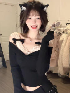 Korean Style Sweet Butterfly Knot Strap Knitted Base Shirt Womens Autumn Winter Lace Splicing Slim Fit Top Commute Style