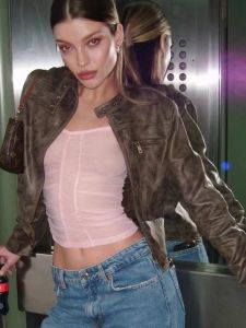 Retro Distressed Coffee Short Jacket Stand Collar PU Leather Biker Jacket for Young Women Autumn Winter Fashion Trend