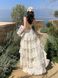 French Beautiful V-Neck Hanging Neck Backless Dress High-End Feeling Beach Vacation Lace Trim Princess Dress Cake Long Dress