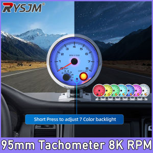 RYSJM | 3.75inch 95mm White Electrical Tachometer RPM Gauge With Internal Shift Light for 4 6 8 Cylinders Chrome Rim 8000 RPM Meter