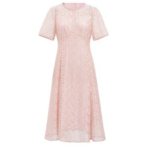 MY TENO | Elegant Short Sleeve Lace Dress With Hollow Out Detail And Beading Waist Cinching For Women Spring Summer Autumn Fashionable