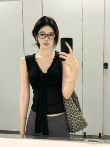 YUEZHONGWEI | French V-Neck Lace Trim Strappy Black Crop Top