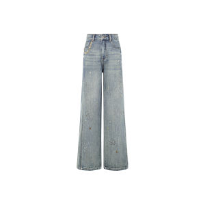 Meiyang Detachable Rhinestone Straight Leg Jeans High Waist Casual Style Water Washed Denim Fabric Zipper Pocket Four Seasons