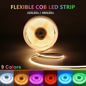 Colorful 5m 12V 24V COB LED Strip Light 320 480 LEDs/m 8mm High Density Flexible  RA90/RA95 Light Strip for TV Wall Decoration