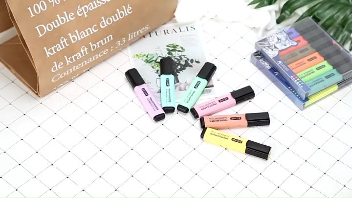 6 Colors/Set Highlighter Pen/Text Marker 6 Colors New Popular Pastel Highlighter Marker Pen Macaron Colors Painting Graffiti Marker Set Large-capacity PP Cute Highlighter Marker Pen Set for School Office Supply
