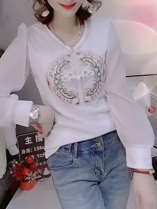 New Arrival Trendy New Chinese Style National Style Design T-shirt V-neck Long Sleeves Minimalist Casual Style Inner Wear Plus Size Bottoming Shirt Womens Clothing