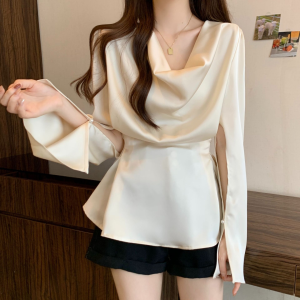 Wanita Lengan Panjang Kemeja Mundur Polos Longgar Atas Celah Lengan Desain