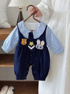 Baby Girl Outfit Spring Autumn Cartoon Rabbit Police Officer Princess Romper Full Moon Three Months Cotton Onesie