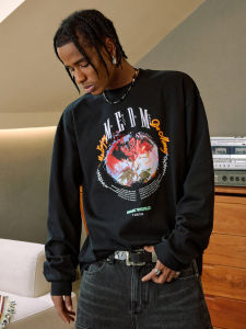 MEDM Mens Long Sleeve T-shirt Spring Autumn Casual round Text Layout Thorns Print Breathable Standard Fit Fashion Brand