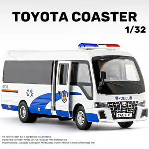 【RUM】1:32 Scale Toyota Coaster Police Bus Alloy Car Model Light & Sound Effect Diecast Car Toys for Boys Birthday Gift Kids Toys Car Collection