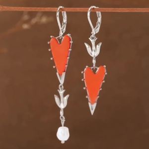 Creative Asymmetric Copper Dangle Earrings with Orange Enamel Heart & Faux Pearl Fit Casual and Party Matching.