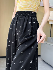Black Butterfly Knot Ice Silk Wide Leg Pants Womens Summer New High Waist Thin Casual Floor-Length Pants Korean Style Commute