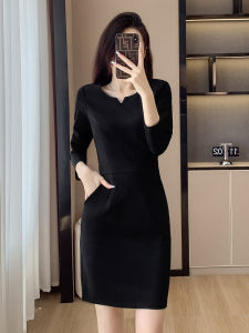Professional Workwear Dress Womens Black A-Line Skirt Long Sleeve V-Neck Polyester Blend Fall Season Fashion Beauty Salon