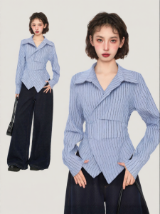 BAIDAIFEI | Blue Striped Waist-accentuating Long-sleeved Shirt Short