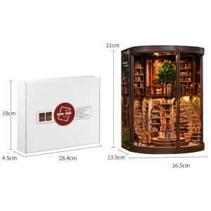 Round Wisdom Rings Library DIY Book Nook Kit Wooden Book Repository Diorama with LED Light Dust Handcraft Assembly Model Gift