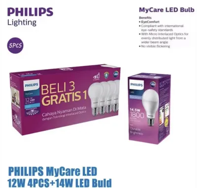 Philips 12w Bola Lampu Terang. Bergaransi Beli 3 Gratis 1 My Care 4pcs