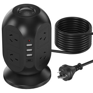 8 Outlet Power Board Tower Surge Protection with 3 USB and 1 Type C Ports 2 Switch 2m Extension Cord for Office Home