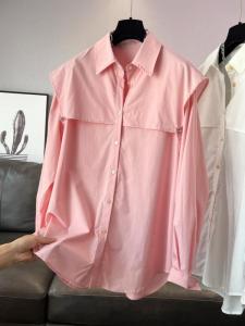 เสื้อเชิ้ตแขนยาวทรงหลวมสไตล์ย้อนยุคสำหรับผู้หญิง ดีไซน์เก๋ไก๋ เสื้อคาร์ดิแกนเปิดไหล่ ผ้าฝ้ายผสมโพลีเอสเตอร์ สีพื้น