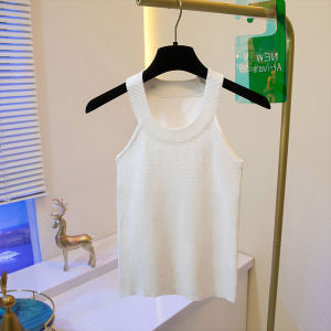 French Knitted Black Sleeveless Neck Hanging Strap Vest Women Summer Outdoor Ice Silk Slim Fit Indoor Top Short Pure Color