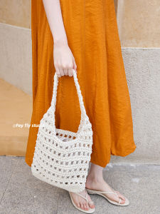 Fashionable Island Style Pure Color Hand Knitted Small Bag Summer  Versatile Handbag Hollow out Shopping Bag for Women