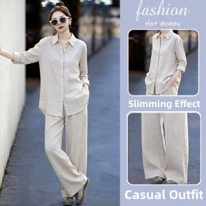 LIANGYILAILIN | Minimalist White Linen Suit Casual Long Sleeve Shirt and Pants