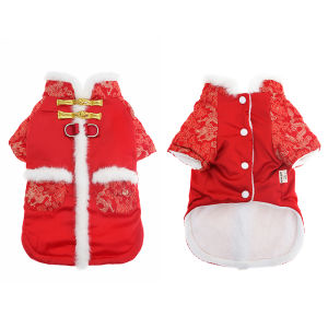 Warm Fleece Dog Clothes New Year Celebration Red Traditional Chinese Costume Pet Teddy Bichon Pomeranian Small Dogs Autumn Winter Style