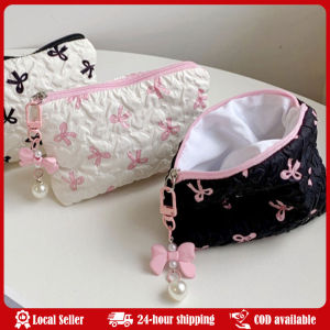Nylon Quilted Makeup Bag Bow Toiletry Organizer Bag Large Capacity Travel Cosmetic Bag Birthday Gifts for Teen Girls Women Fresh Small Floral Quilted Cotton Makeup Bag Little Bow Large-Capacity Travel Cosmetic Bag Girls Make Up Organizer for Women