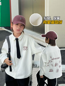 Thermal Fleece Lined Boys Shirt with Tie Korean Style Academy Fashion Children Clothing Autumn Winter New Arrival Cotton Polyester Blend Long Sleeve Button up