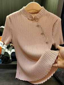 New Chinese Style Pleated Stand Collar T-Shirt Short Sleeve Base Shirt Simple Fashionable Commute Wear Short Pants Regular Sleeve