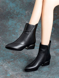 SHIPAILUO | Warm Fleece Lined Genuine Leather Short Martin Boots Womens Snow Boots Winter Casual Round Toe Low Heel Rubber Outsole Boots