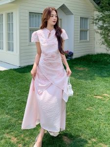 YINLUOYA | Elegant New Chinese Style Embroidered Fake Two-Piece Dress Womens Summer 2025 Modified Qipao Skirt High Waist A-Line Dress