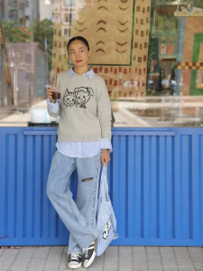 URLAZH | Gray Casual Round Neck Long Sleeve Sweater