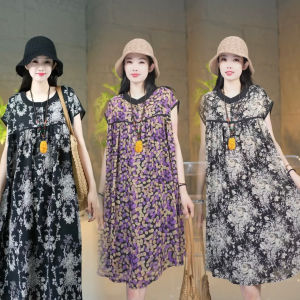 ชุดเดรสยาวแขนสั้นพิมพ์ลายดอกไม้หลวมๆ สำหรับคุณแม่วัยกลางคนและผู้สูงอายุ ฤดูร้อนปี 2025 แฟชั่นลำลอง ปกปิดหน้าท้อง ลดอายุ