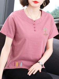 Moms Short Sleeve Cotton T-Shirt Womens New Style Summer Clothes Anti-Aging Loose Top Half Sleeve Small Shirt Middle-Aged And Elderly
