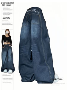 กางเกงยีนส์ทรงหลวมเอวสูงทรงตรงพิมพ์ลายตัวอักษรสำหรับฤดูใบไม้ร่วงปี 2024 กางเกงขายาวทรงขากว้างทรงหลวมสำหรับผู้หญิง