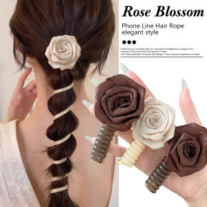 Retro Fashion Dried Rose Flower Telephone Wire Line Ponytail Holder Women Girls Flower Stretch Spiral Hair Ties Advanced Elastic Rubber Hair Band Hair Accessories