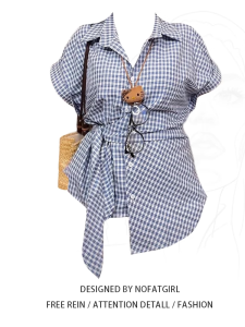 plus Size Womens Shirt Summer New Style Japanese Retro Diamond Studded Polo Collar Short Sleeve Plaid Shirt Waist Cinching Top