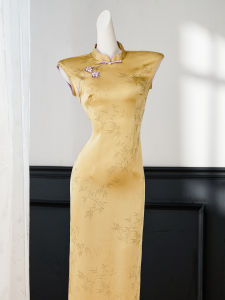 Yellow Elastic Waist Slimming Chinese Style Dress for Women