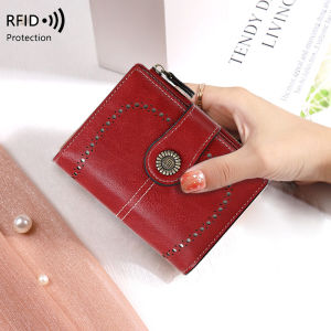 BAORUIFU | Vintage Wax Leather Short Womens Wallet Anti-theft Card Holder